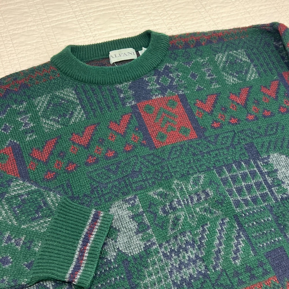 Alfani Vintage Mens Large Geometric Intarsia Knit Wool Blend Sweater Made Italy